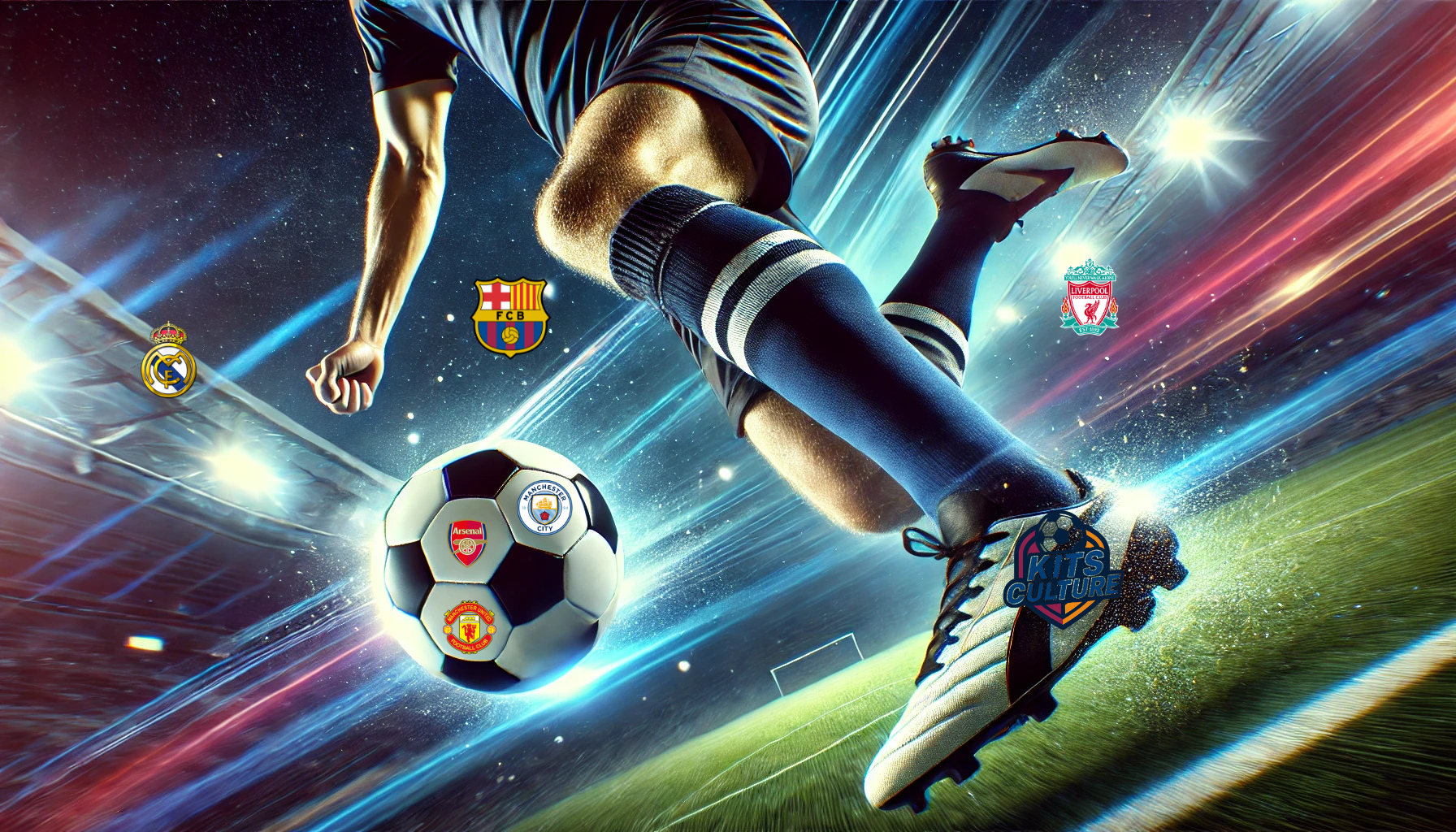 Fans wearing their favorite kits with stadium lights